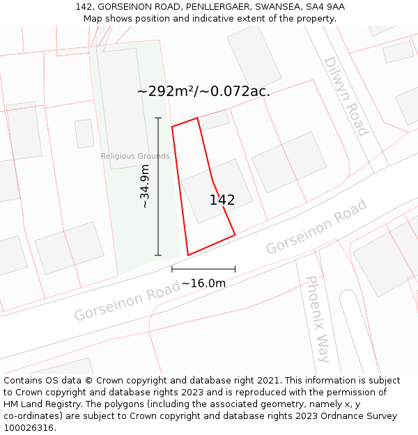 142, GORSEINON ROAD, PENLLERGAER, SWANSEA, SA4 9AA: Plot and title map