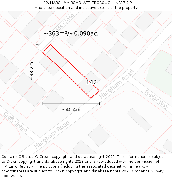 142, HARGHAM ROAD, ATTLEBOROUGH, NR17 2JP: Plot and title map