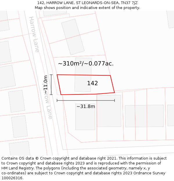 142, HARROW LANE, ST LEONARDS-ON-SEA, TN37 7JZ: Plot and title map