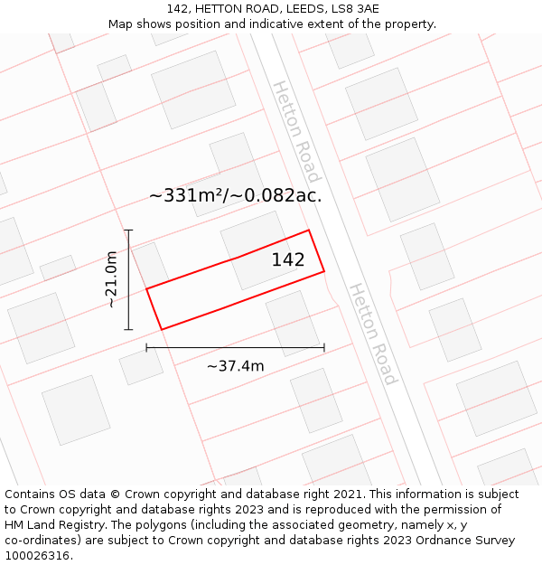 142, HETTON ROAD, LEEDS, LS8 3AE: Plot and title map