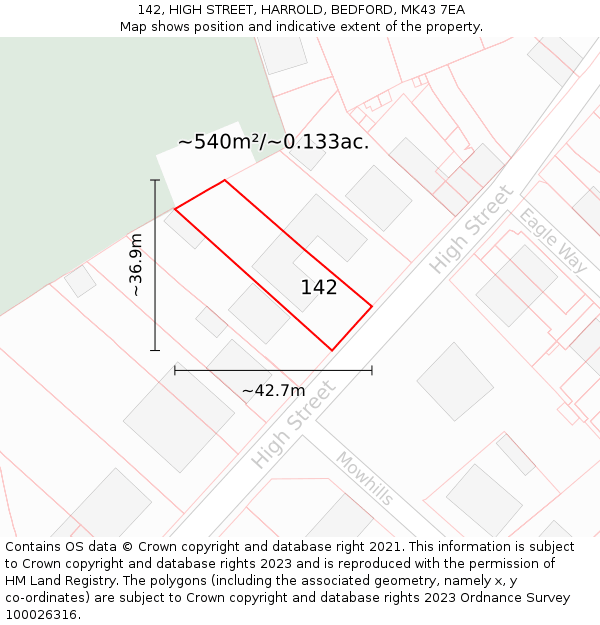 142, HIGH STREET, HARROLD, BEDFORD, MK43 7EA: Plot and title map