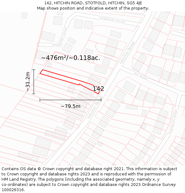 142, HITCHIN ROAD, STOTFOLD, HITCHIN, SG5 4JE: Plot and title map