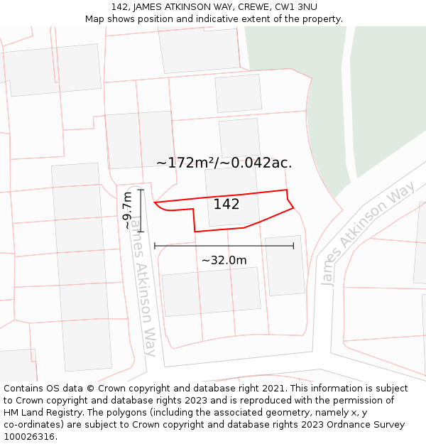 142, JAMES ATKINSON WAY, CREWE, CW1 3NU: Plot and title map