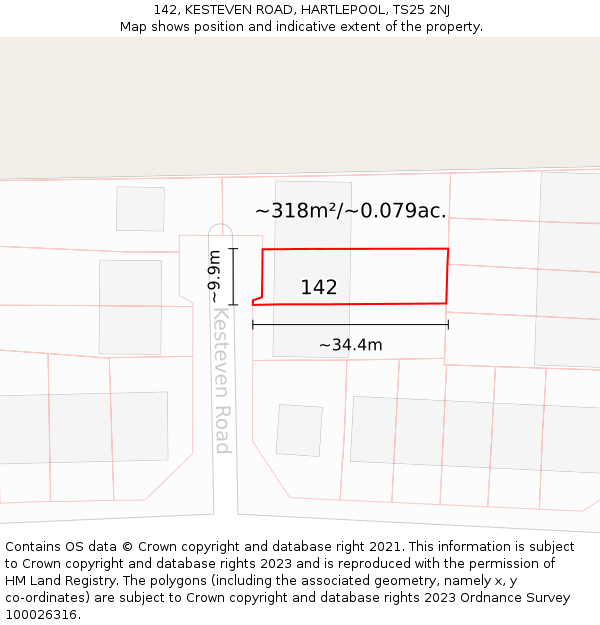 142, KESTEVEN ROAD, HARTLEPOOL, TS25 2NJ: Plot and title map