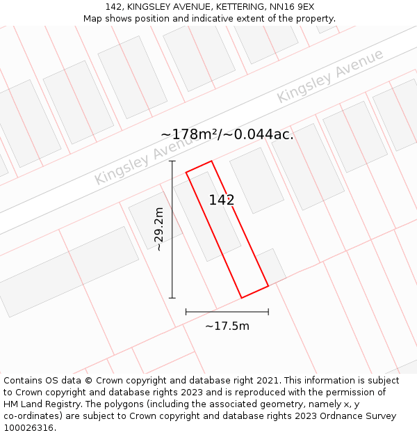 142, KINGSLEY AVENUE, KETTERING, NN16 9EX: Plot and title map