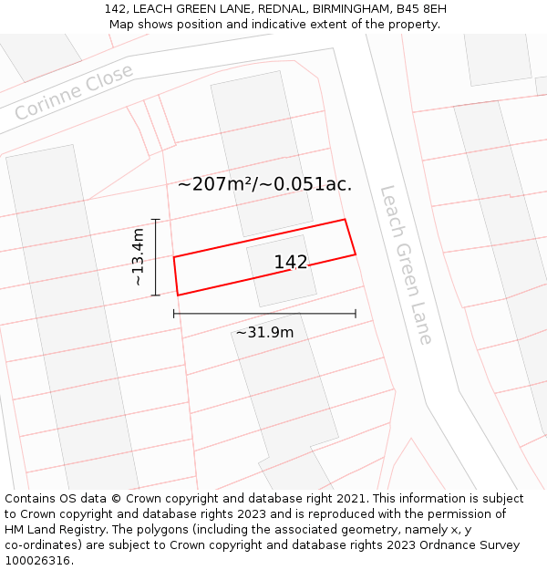 142, LEACH GREEN LANE, REDNAL, BIRMINGHAM, B45 8EH: Plot and title map