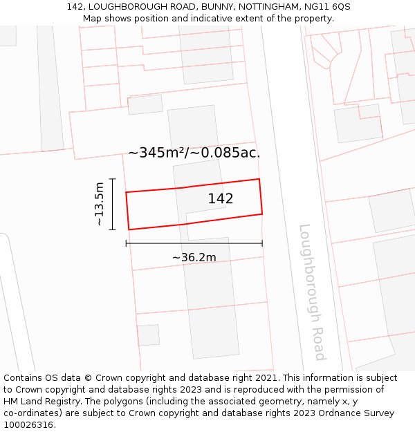 142, LOUGHBOROUGH ROAD, BUNNY, NOTTINGHAM, NG11 6QS: Plot and title map