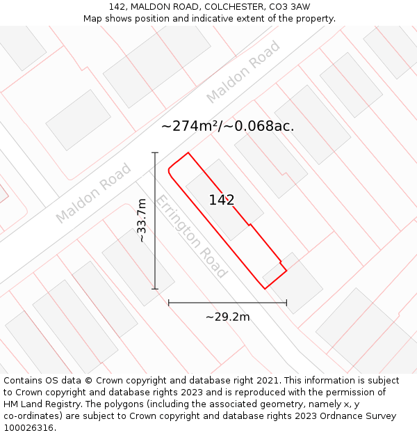 142, MALDON ROAD, COLCHESTER, CO3 3AW: Plot and title map