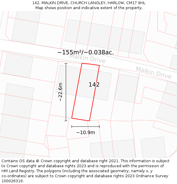 142, MALKIN DRIVE, CHURCH LANGLEY, HARLOW, CM17 9HL: Plot and title map