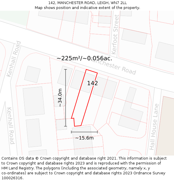 142, MANCHESTER ROAD, LEIGH, WN7 2LL: Plot and title map