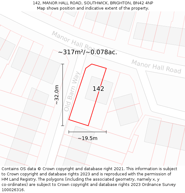 142, MANOR HALL ROAD, SOUTHWICK, BRIGHTON, BN42 4NP: Plot and title map