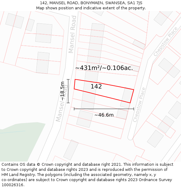 142, MANSEL ROAD, BONYMAEN, SWANSEA, SA1 7JS: Plot and title map