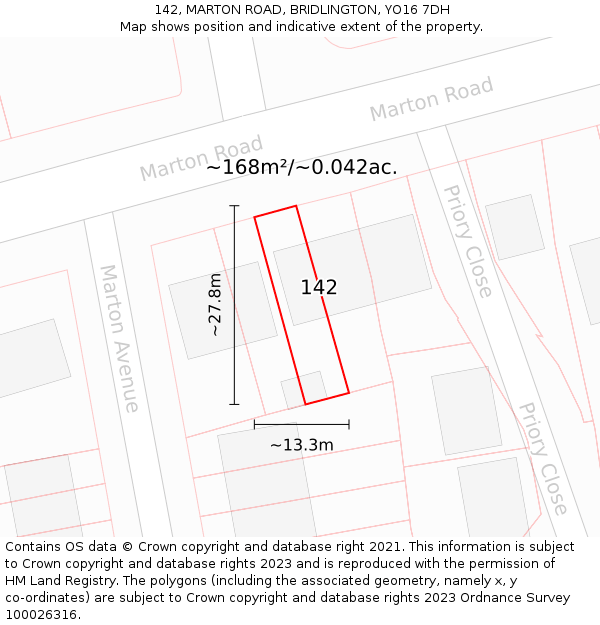 142, MARTON ROAD, BRIDLINGTON, YO16 7DH: Plot and title map