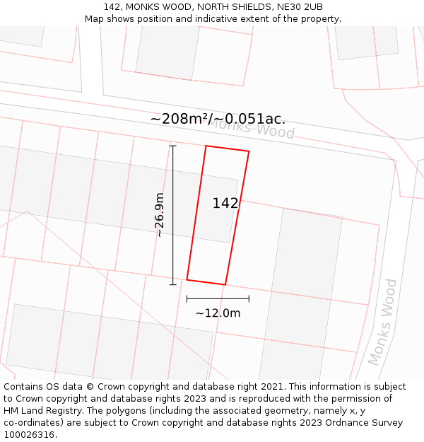 142, MONKS WOOD, NORTH SHIELDS, NE30 2UB: Plot and title map