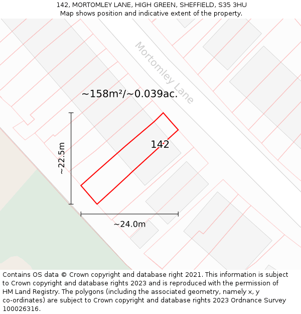 142, MORTOMLEY LANE, HIGH GREEN, SHEFFIELD, S35 3HU: Plot and title map