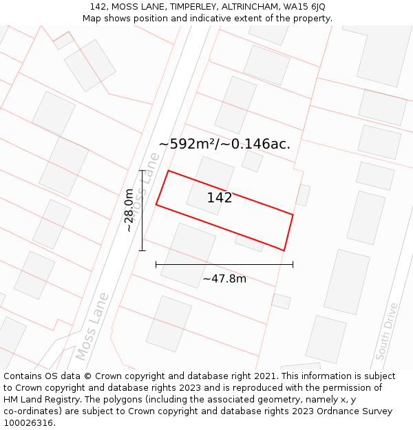 142, MOSS LANE, TIMPERLEY, ALTRINCHAM, WA15 6JQ: Plot and title map