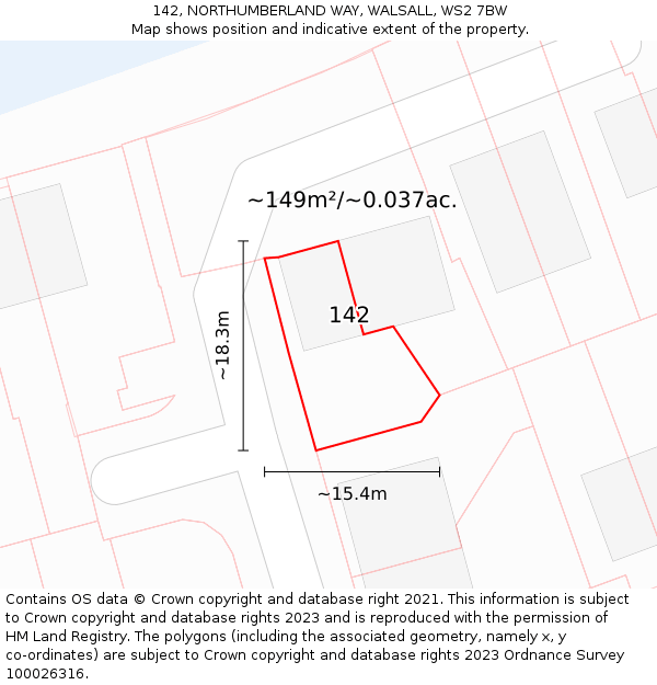 142, NORTHUMBERLAND WAY, WALSALL, WS2 7BW: Plot and title map