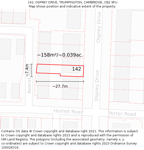 142, OSPREY DRIVE, TRUMPINGTON, CAMBRIDGE, CB2 9FU: Plot and title map