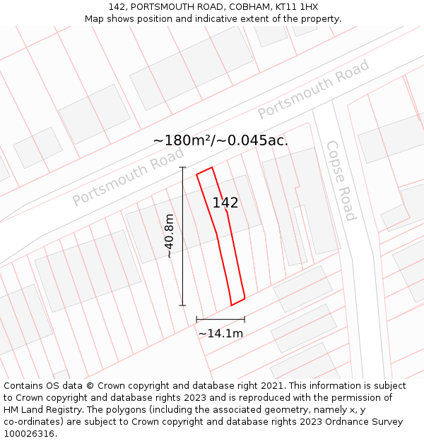 142, PORTSMOUTH ROAD, COBHAM, KT11 1HX: Plot and title map