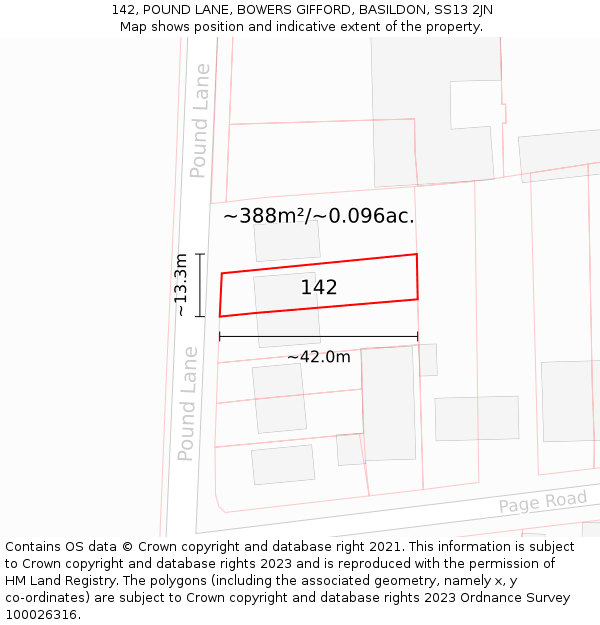 142, POUND LANE, BOWERS GIFFORD, BASILDON, SS13 2JN: Plot and title map