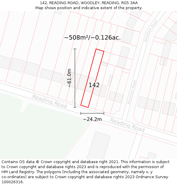 142, READING ROAD, WOODLEY, READING, RG5 3AA: Plot and title map