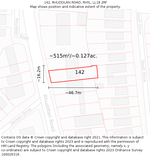 142, RHUDDLAN ROAD, RHYL, LL18 2RF: Plot and title map