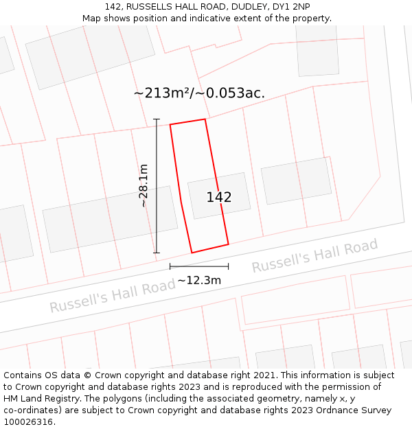 142, RUSSELLS HALL ROAD, DUDLEY, DY1 2NP: Plot and title map