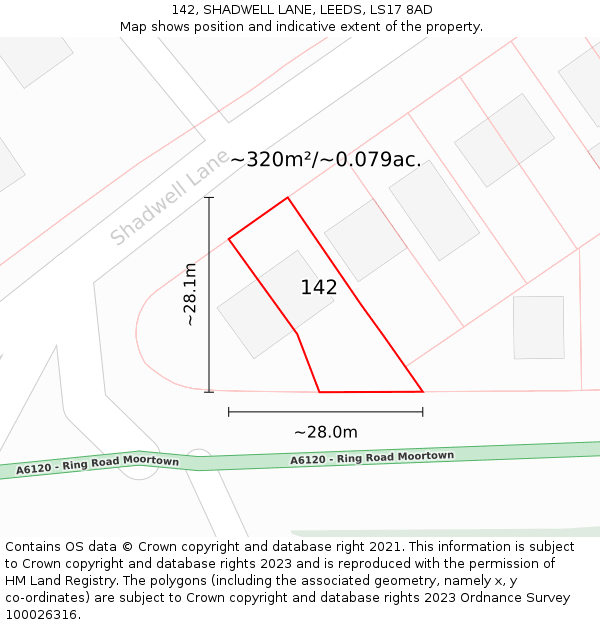 142, SHADWELL LANE, LEEDS, LS17 8AD: Plot and title map