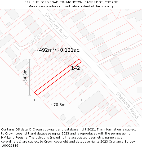 142, SHELFORD ROAD, TRUMPINGTON, CAMBRIDGE, CB2 9NE: Plot and title map