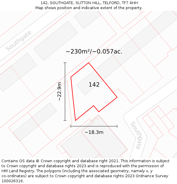 142, SOUTHGATE, SUTTON HILL, TELFORD, TF7 4HH: Plot and title map