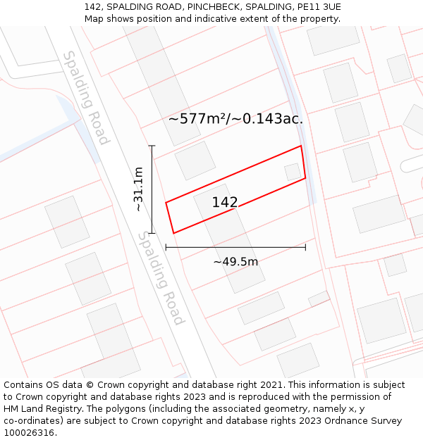 142, SPALDING ROAD, PINCHBECK, SPALDING, PE11 3UE: Plot and title map