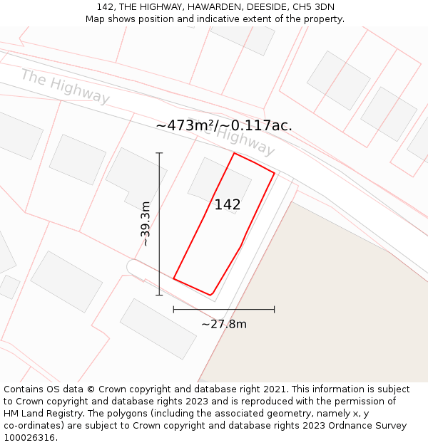 142, THE HIGHWAY, HAWARDEN, DEESIDE, CH5 3DN: Plot and title map