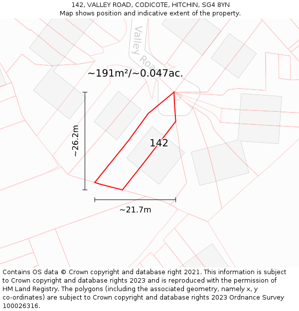 142, VALLEY ROAD, CODICOTE, HITCHIN, SG4 8YN: Plot and title map