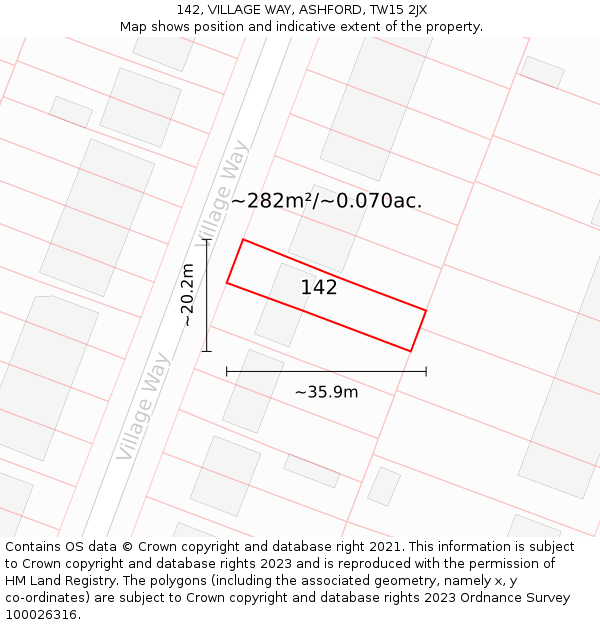 142, VILLAGE WAY, ASHFORD, TW15 2JX: Plot and title map