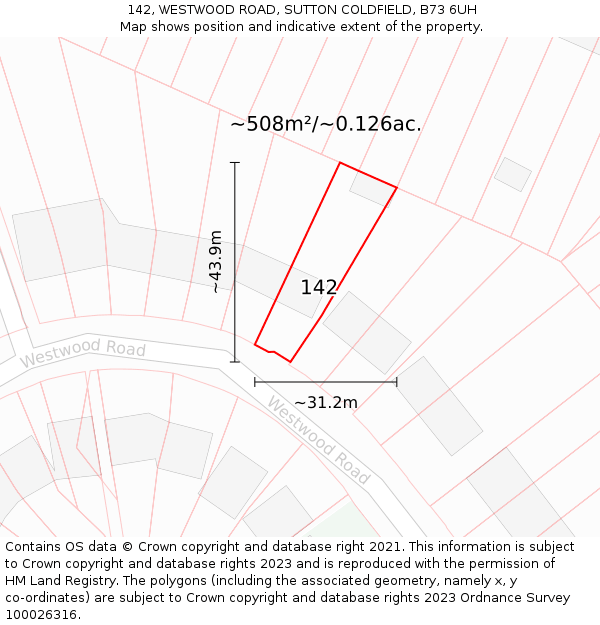 142, WESTWOOD ROAD, SUTTON COLDFIELD, B73 6UH: Plot and title map