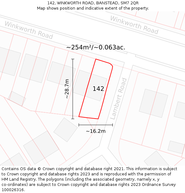 142, WINKWORTH ROAD, BANSTEAD, SM7 2QR: Plot and title map