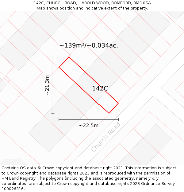 142C, CHURCH ROAD, HAROLD WOOD, ROMFORD, RM3 0SA: Plot and title map