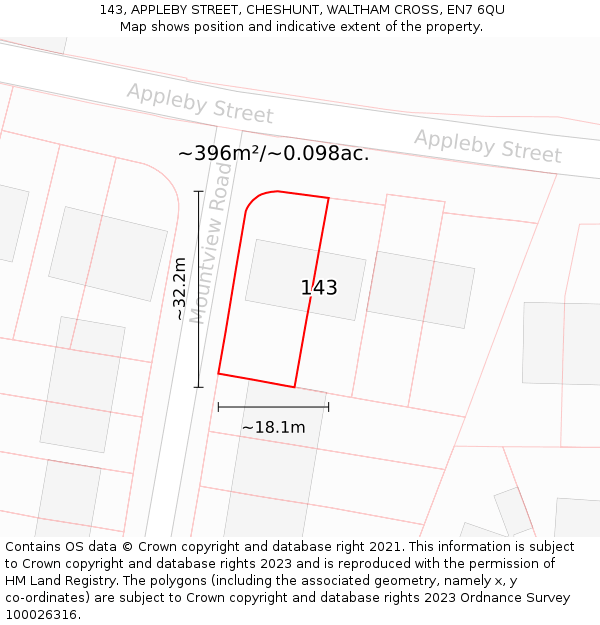 143, APPLEBY STREET, CHESHUNT, WALTHAM CROSS, EN7 6QU: Plot and title map