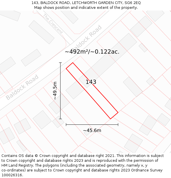 143, BALDOCK ROAD, LETCHWORTH GARDEN CITY, SG6 2EQ: Plot and title map