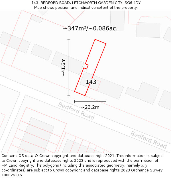 143, BEDFORD ROAD, LETCHWORTH GARDEN CITY, SG6 4DY: Plot and title map