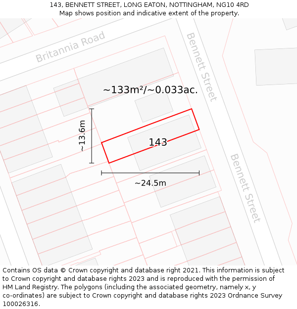 143, BENNETT STREET, LONG EATON, NOTTINGHAM, NG10 4RD: Plot and title map