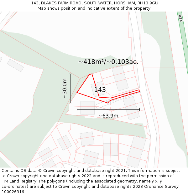 143, BLAKES FARM ROAD, SOUTHWATER, HORSHAM, RH13 9GU: Plot and title map