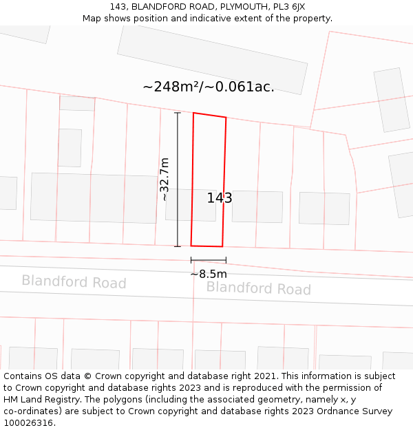 143, BLANDFORD ROAD, PLYMOUTH, PL3 6JX: Plot and title map