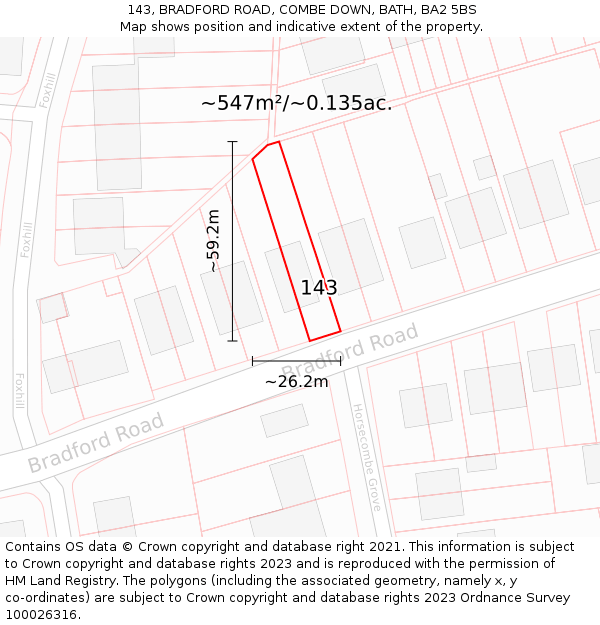 143, BRADFORD ROAD, COMBE DOWN, BATH, BA2 5BS: Plot and title map