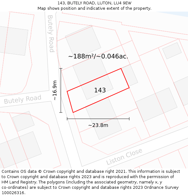 143, BUTELY ROAD, LUTON, LU4 9EW: Plot and title map