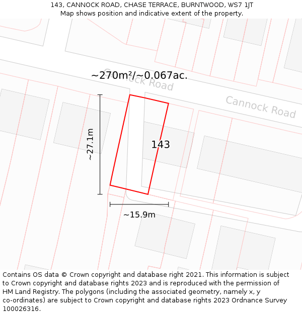 143, CANNOCK ROAD, CHASE TERRACE, BURNTWOOD, WS7 1JT: Plot and title map