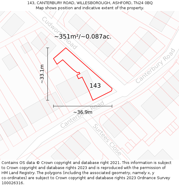 143, CANTERBURY ROAD, WILLESBOROUGH, ASHFORD, TN24 0BQ: Plot and title map