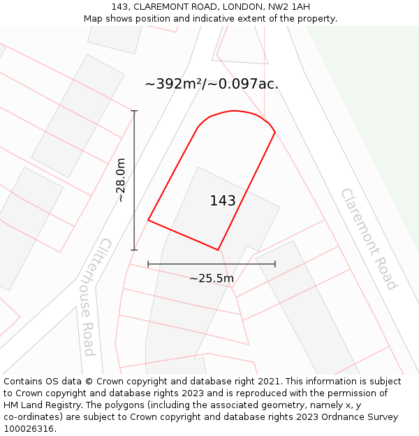 143, CLAREMONT ROAD, LONDON, NW2 1AH: Plot and title map