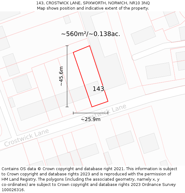 143, CROSTWICK LANE, SPIXWORTH, NORWICH, NR10 3NQ: Plot and title map