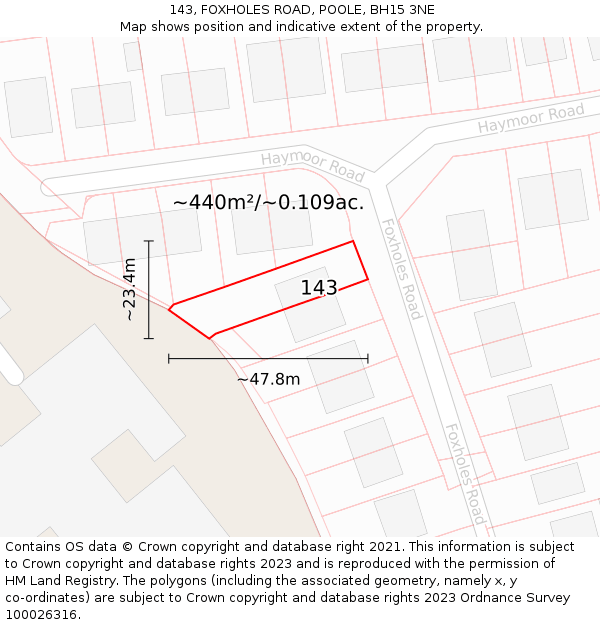 143, FOXHOLES ROAD, POOLE, BH15 3NE: Plot and title map